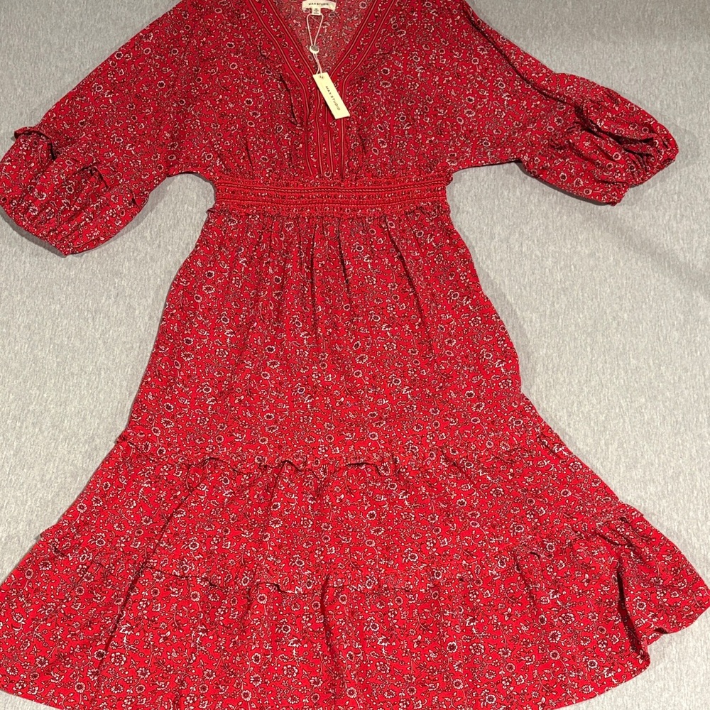 NWT Max Studio Red Floral V-Neck Tiered Maxi Dress